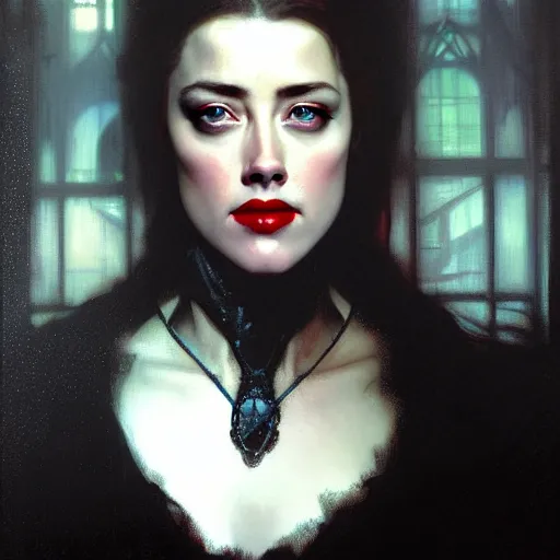 Image similar to hyperrealistic portrait of a woman as amber heard as a vampire witch in a black coat closing a window with a mysterious grin. by jeremy mann and alphonse mucha, fantasy art, photo realistic, dynamic lighting, artstation, poster, volumetric lighting, very detailed faces, 4 k, award winning