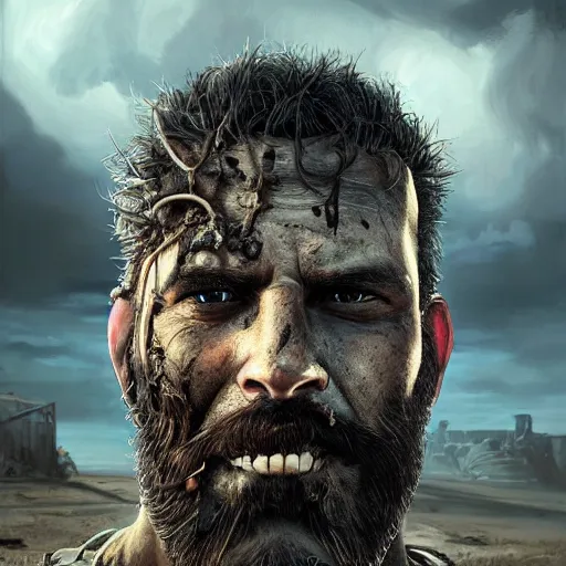 Image similar to portrait painting of a post apocalyptic man, bald, black beard, handsome, desert rander, ultra realistic, concept art, intricate details, eerie, highly detailed, fallout, wasteland, photorealistic, octane render, 8 k, unreal engine 5. art by artgerm and greg rutkowski and alphonse mucha
