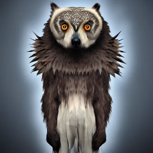 Image similar to bear with owl wings and anime eyes, high quality render, unreal engine , trending