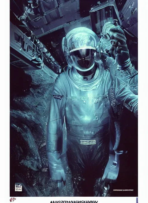 Image similar to astronaut in dark void underwater - complex and hyperdetailed technical suit design. reflection and dispersion materials. rays and dispersion of light. volumetric light. f / 3 2. noise film photo. flash photography. ultra realistic, 5 0 mm. poster by wayne barlowe, hajime sorayama aaron horkey, craig mullins