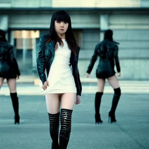 Image similar to a dynamic, epic cinematic 8K HD movie shot of a japanese young J-Pop idol girl wearing leather jacket, miniskirt, nylon tights and high heels boots. Motion, VFX, Inspirational arthouse