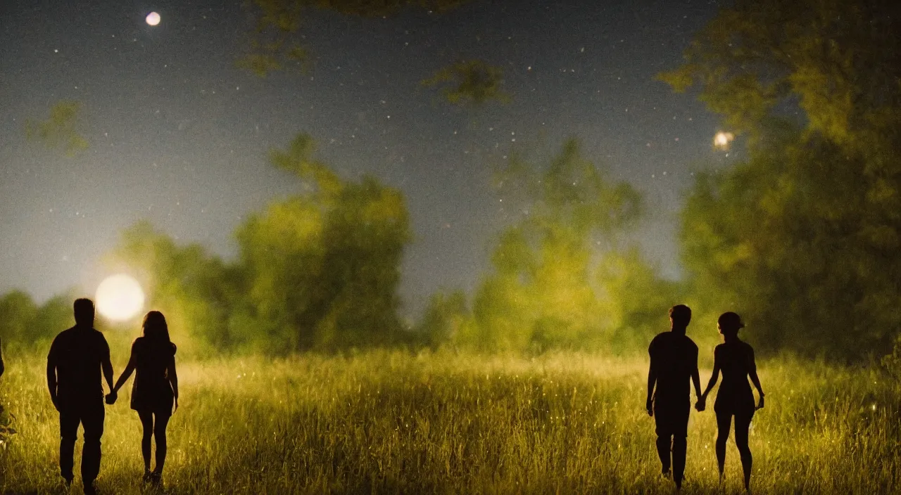 Image similar to a couple walking in the middle of fireflies the color of the moon, cinematic lighting, wow, establishing shot