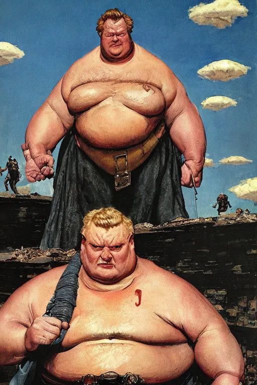 Image similar to huge hulking kenneth mcmillan as baron vladimir harkonnen, simple background, painted by jack kirby, lawrence alma tadema, norman rockwell, greg staples, wayne barlow, neville page, dune 1 9 8 2, artstation character 3 d, superhero