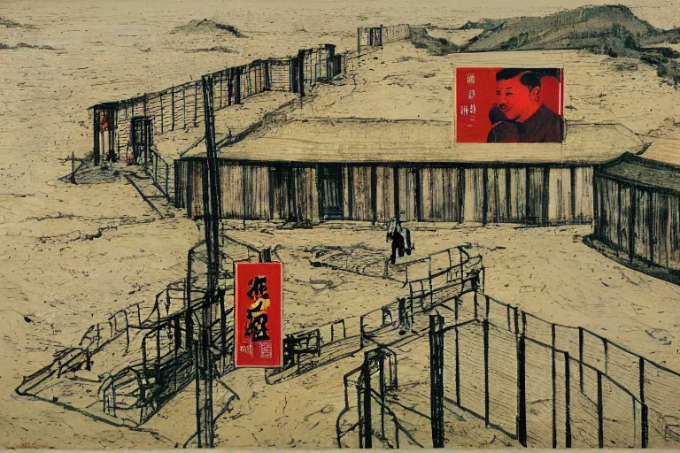 Image similar to a chinese prison near a river by peter doig, overlaid with chinese adverts