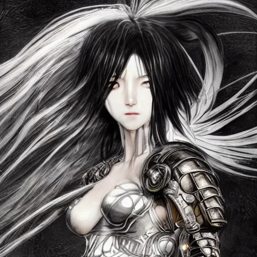 Image similar to Yoshitaka Amano realistic illustration of an anime girl with black eyes, wavy white hair fluttering in the wind and cracks on her face wearing Elden ring armour with engraving, abstract black and white patterns on the background, noisy film grain effect, highly detailed, Renaissance oil painting, weird portrait angle, blurred lost edges, three quarter view