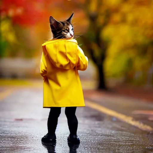 Prompt: anthropomorphic cute kitten wearing a yellow raincoat and yellow boots getting off the schoolbus on the first day of kindergarten, with colorful fall leaves and light rain, critical moment photograph