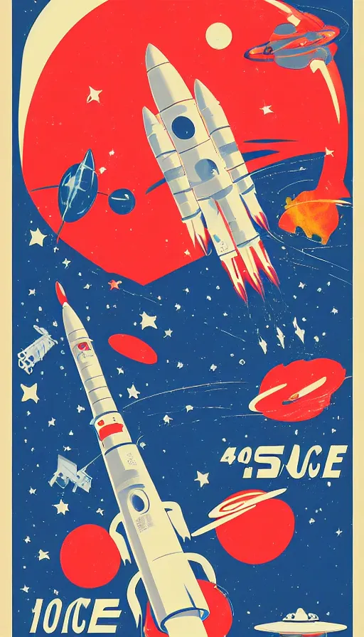 Image similar to retro propaganda poster for space exploration, rocket launching, stars and planets