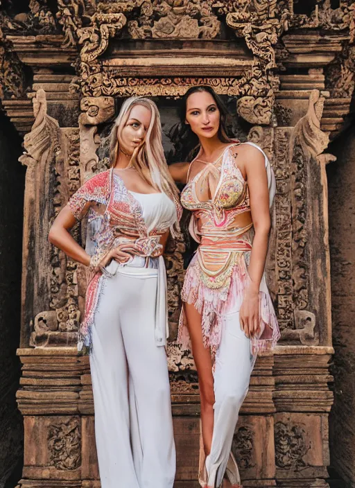 Image similar to portrait of lindsey pelas and gal gadot wearing kebaya in bali temple, by charlotte grimm, natural light, detailed face, beautiful features, symmetrical, canon eos c 3 0 0, ƒ 1. 8, 3 5 mm, 8 k, medium - format print, half body shot