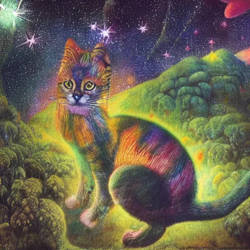 Image similar to psychedelic small cats hidden lush pine forest, outer space, milky way, designed by arnold bocklin, jules bastien - lepage, tarsila do amaral, wayne barlowe and gustave baumann, cheval michael, trending on artstation, star, sharp focus, colorful refracted sparkles and lines, soft light, 8 k 4 k