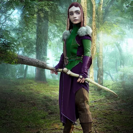 Prompt: anya charlota as a medieval fantasy wood elf, dark purplish hair tucked behind ears, wearing a green tunic with a fur lined collar and brown leather armor, wide, muscular build, scar across nose, one black, scaled arm, cinematic, character art, digital art, forest background, realistic. 8 k,