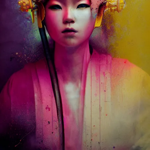 Image similar to a futuristic female geisha warrior in komono by cy Twombly and BASTIEN LECOUFFE DEHARME, pink and yellow, iridescent, volumetric lighting