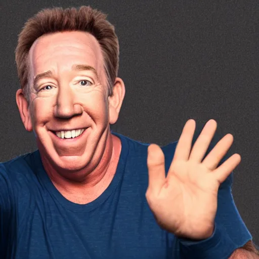 Prompt: photograph of Tim Allen waving at the camera, one of his arms is much larger than the other, ominous, 4k,-n 4