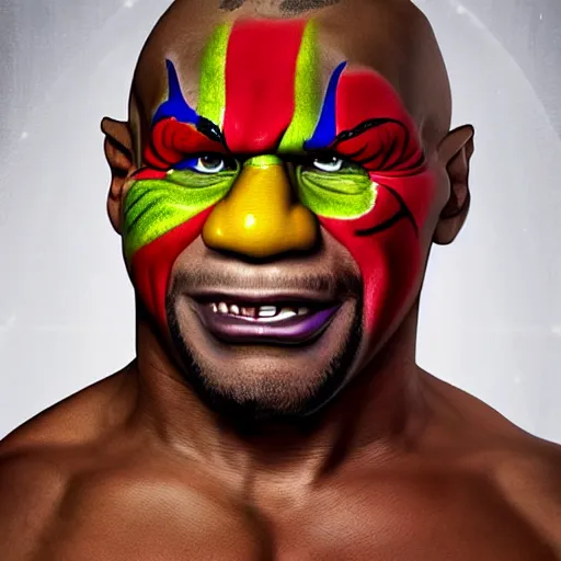 Image similar to UHD photorealistic Mike Tyson wearing a clown costume with real clown makeup by Miguel Vasquez
