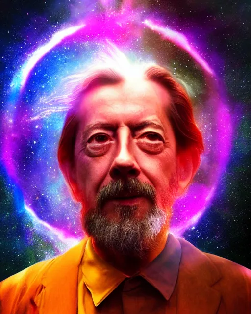 Image similar to alan watts floating in a nebula explosion wormhole portrait painting highly detailed procreate, 3d render senior artist, photorealistic, textured, featured on artstation