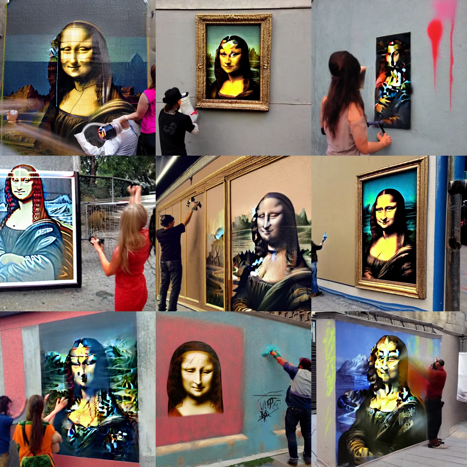 Prompt: street artist tagging the mona lisa with spray paint