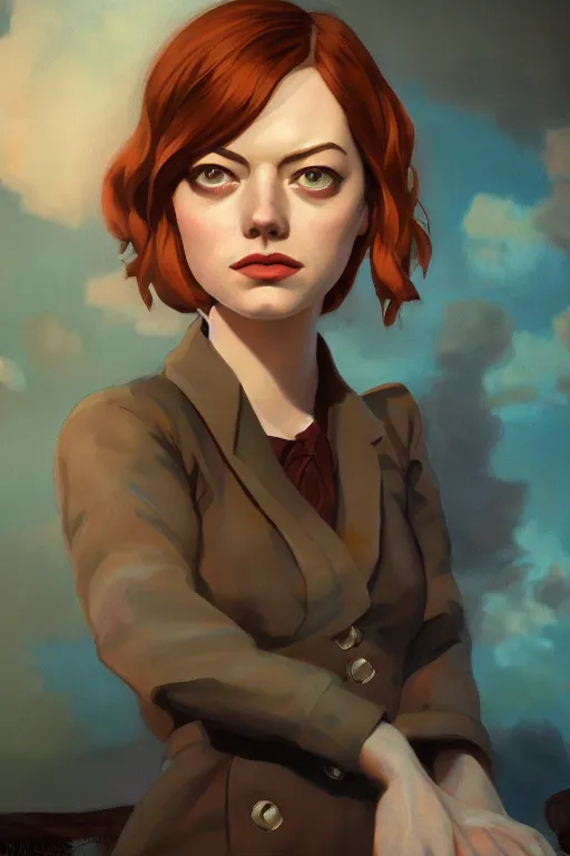 Prompt: a portrait of emma stone, bioshock infinite setting, vivid colors, soft lighting, atmospheric, cinematic, moody, in the style of ilya kuvshinov and range murata, krenz cushart, rule of thirds, oil on canvas, 8 k