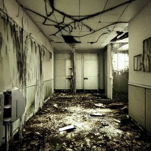 Prompt: eerie abandoned hospital room, filled with spider webs and reclaimed by nature, dark moonlit, warm eerie vibes sinister aesthetic