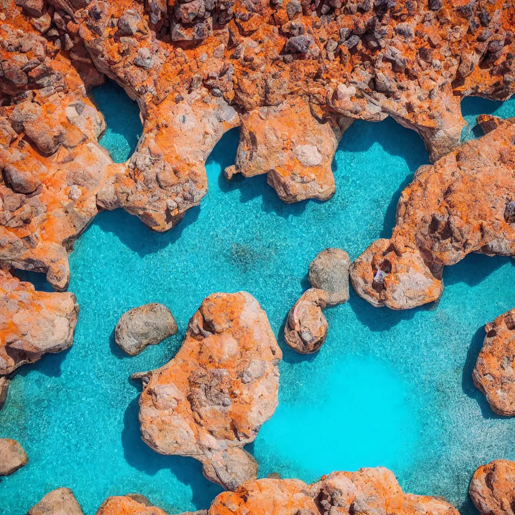 Image similar to bismuth boulders, orange sand desert with pools of bright milky blue water, birds eye view, dreamy