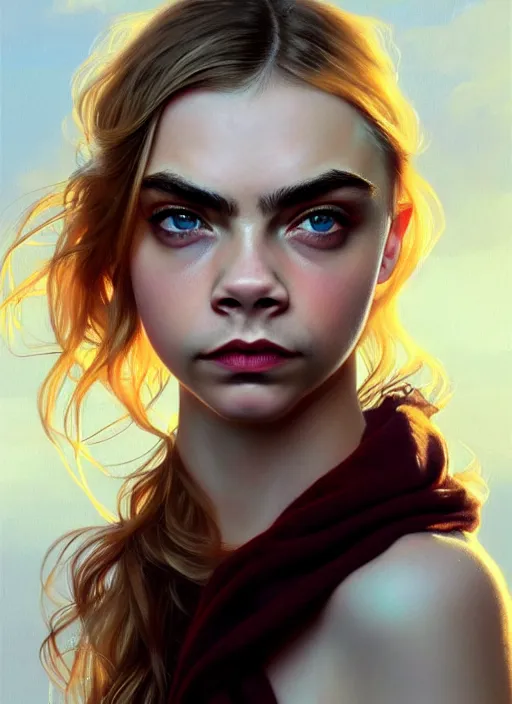 Image similar to half cara delevingne half Anya Taylor-Joy a pure gorgeous seductive angel, full body portrait, slight smile, diffuse natural sun lights, autumn lights, highly detailed, digital painting, artstation, concept art, sharp focus, illustration, art by wlop and greg rutkowski and alphonse mucha and artgerm