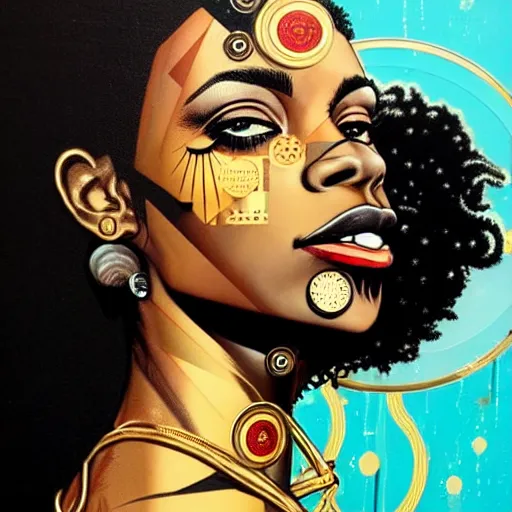 Image similar to side profile of a black woman :: in ocean :: clockwork details :: gold :: blood and horror :: by vikings and Sandra Chevrier