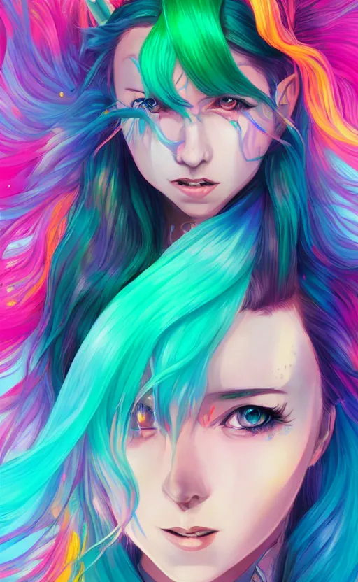 Image similar to a girl with rainbow lush hair, unicorn horn, portrait, anime character hinata, rim light, fresh colors, gradients, highly detailed, digital illustration, concept art, smooth, sharp focus, pleasing aesthetics, josan gonzalez