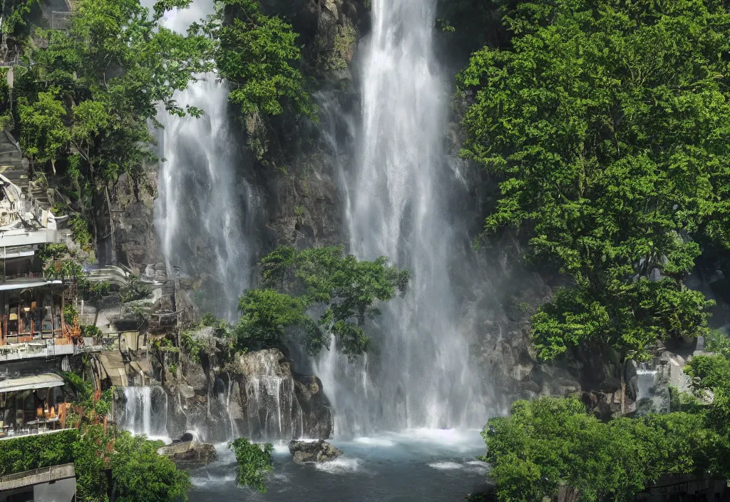 Image similar to outdoor design, 行 云 流 水, a waterfall in the middle of two buildings, high details, 4 k, panorama