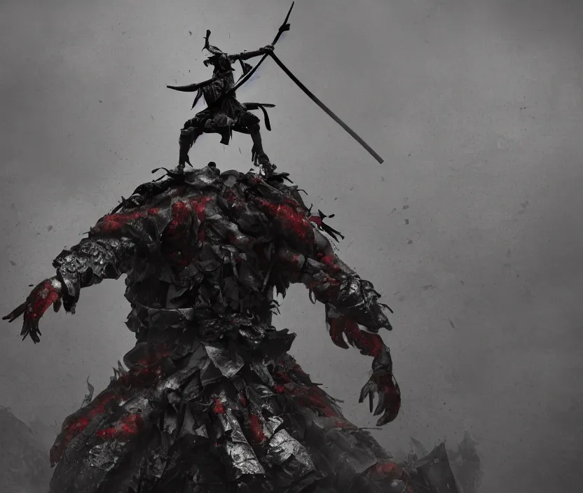 Image similar to samurai standing on a bunch of bodies with 6 arms , gloomy and foggy atmosphere, octane render, artstation trending, horror scene, highly detailded