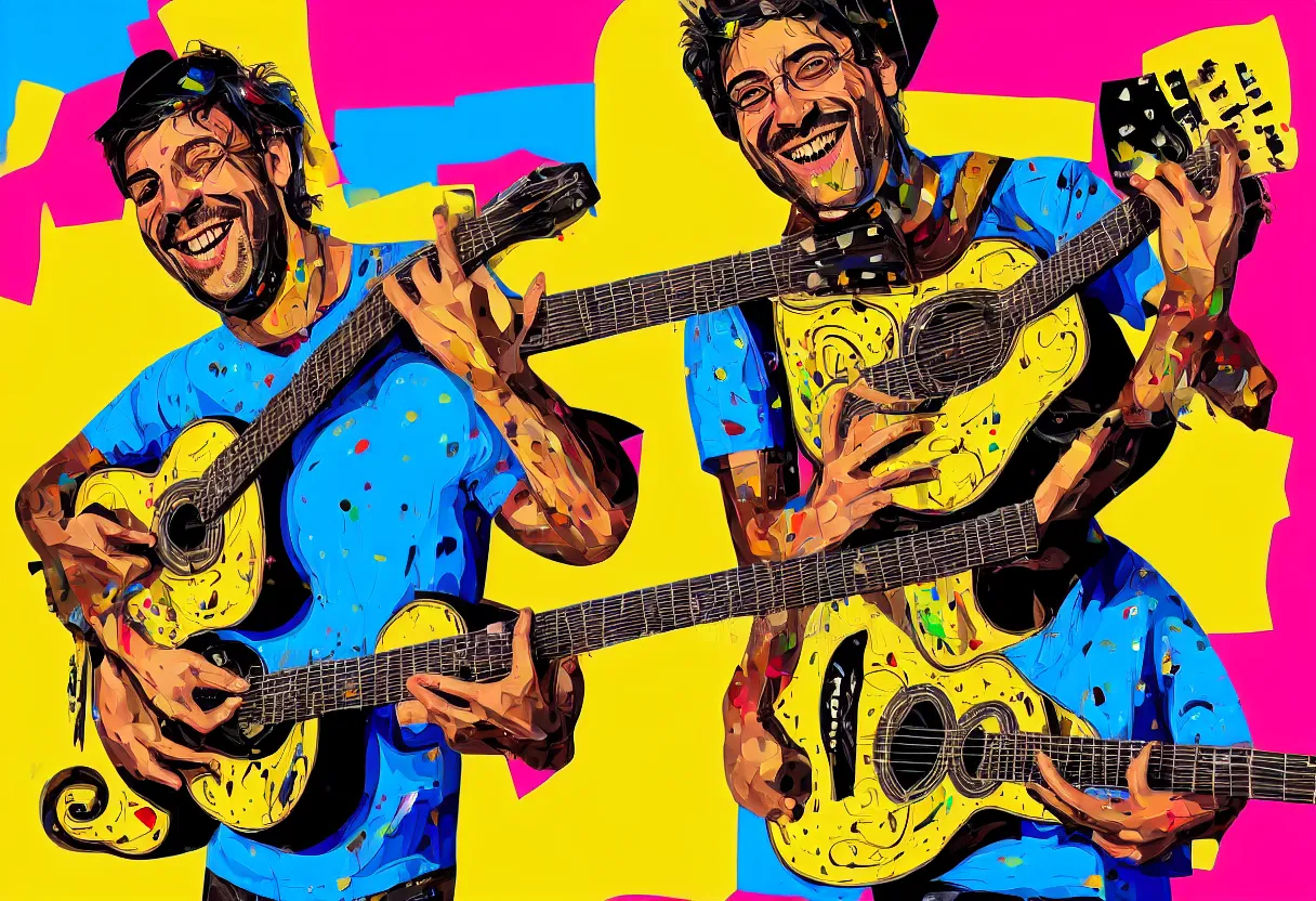 Image similar to random smiling funny guy with guitar, pop art, aesthetic art, 8 k, asymmetrical, high details, digital painting, concept art, smooth, beautiful, full body perfect, sharp focus, illustration, intricate, art by arstation and mimmo rotella, pixels art by paul robertson