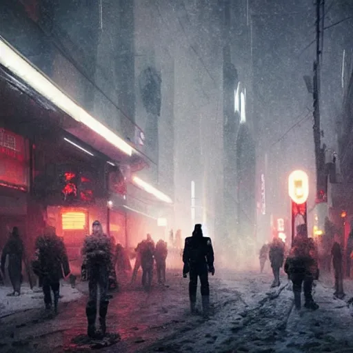 Image similar to white mecha armor Bladerunner 2049 still tall white armor walks through snowy street intimidating glowing orange emissives snowy evening moody dark lighting numerous people on the street