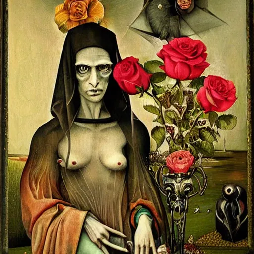 Prompt: semi - realistic weird and scary beautiful metaphysical portrait gothic style in style of hieronymus bosch anne stoke sharp focus 8 k holografic roses