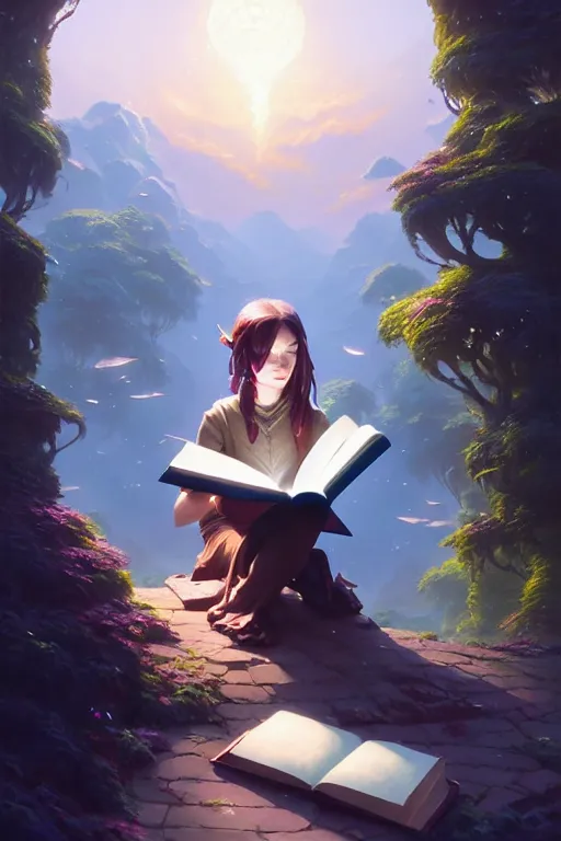 Image similar to highly detailed portrait of beautiful girl reading a book in avatar, dynamic pose, stephen bliss, unreal engine, fantasy art by greg rutkowski, loish, rhads, ferdinand knab, makoto shinkai and lois van baarle, ilya kuvshinov, rossdraws, tom bagshaw, global illumination, radiant light, detailed and intricate environment