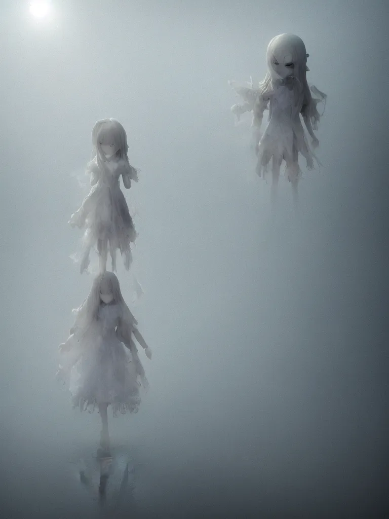 Prompt: cute fumo plush girl ghost in the haze of the murky river, reflective water surface, smoke and volumetric fog, tattered gothic horror maiden, fallen angel, lens flare, light shafts, light and shadow, vray