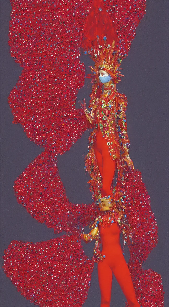 Image similar to a full - body female character design wearing a red sequined bodysuit, beads hanging over her face like an alexander mcqueen headdress, costume by eiko ishioka, haute couture by moebius, steven outram, colorful and psychedelic