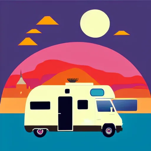 Image similar to vector art of a white and black cute thor chateau! motorhome camper!!, highway, mountains and colorful sunset!!, very very happy, stylish, warm colors, minimal vector art sticker!! by tom whalen