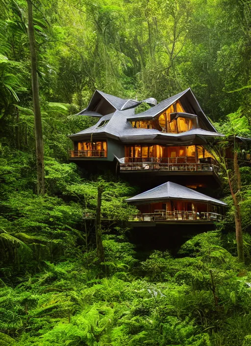 Image similar to an exquisite holiday home in the middle of a lush forest, visible through the lush overgrowth, architectural photography, dark and dim lighting, beautiful, tranquil, moody, cinematic, fantasy, 3 5 mm lens, volumetric lighting, first person view, photographic render, hyper realistic