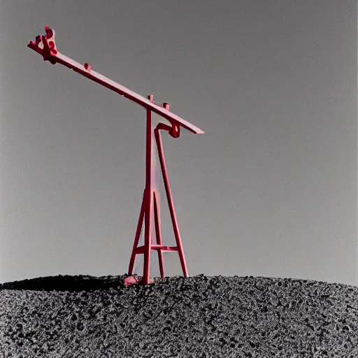 Prompt: red mark suvero sculpture installed in the californian desert, 3 0 0 mm telephoto, kodak 4 0 0, 1 9 8 4 photo