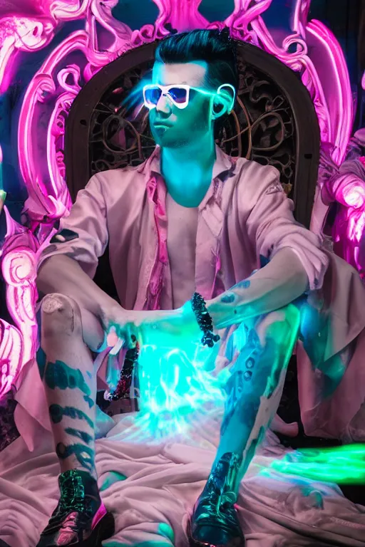 Prompt: full-body rococo and cyberpunk style neon statue of a young attractive Jose Garcia wearing cholo shades macho dotado e rico android sim roupa reclining con las piernas abertas e la piroca dura, ethereal white dripping tar, glowing white lasers, pink tigers, glowing eyes, silver prince crown, black gears, pink diamonds, swirling mint-colored silk fabric. futuristic elements. full-length view. human skulls. large intricate artwork by caravaggio. Trending on artstation, octane render, cinematic lighting from the right, hyper realism, octane render, 8k, depth of field, 3D