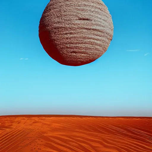 Image similar to an orb-like clay structure sitting in the desert, vintage photo, cinematography, blue sky