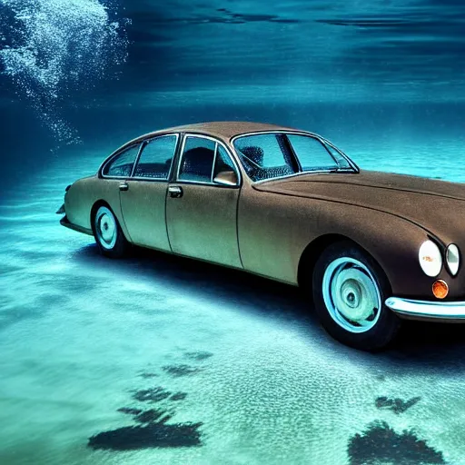 Image similar to hyperrealistic photo of an old jaguar car underwater in a swimming pool, 4 k, 8 k, thin film, full shot