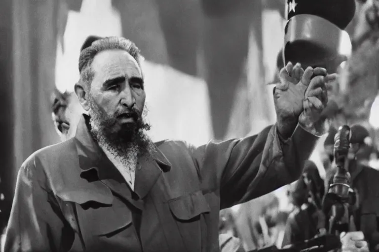 Image similar to Fidel Castro oscar acceptance speech, movie still frame, promotional image, imax 70 mm footage, oscar nominated cinematography, volumetric lighting, 8k resolution