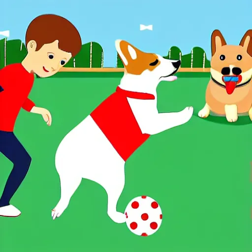 Image similar to illustration of french boy in paris playing football against a corgi, the corgi is wearing a polka dot scarf