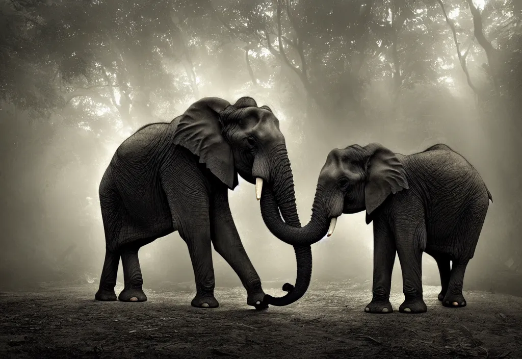 Image similar to an elephant king, his trunk is a long tentacle, in a jungle with ominous light from above, ambient light, fog, river, symmetrical, poetic