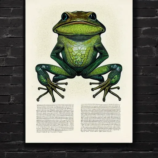 Image similar to full page antique lithograph of Anathomy of godotr, intelligent humanoid frog-like creature, White background, art print, clean brush stroke, realistic highly detailed, 8k post-processing highly detailed, rendered by octane engine, esty