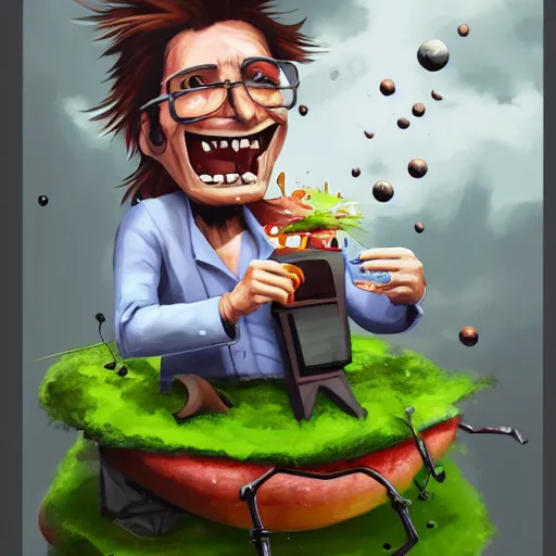 Image similar to a mad scientist in his back yard laughing happily at the food which he is falling from the sky , concept art, trending on artstation 3D.