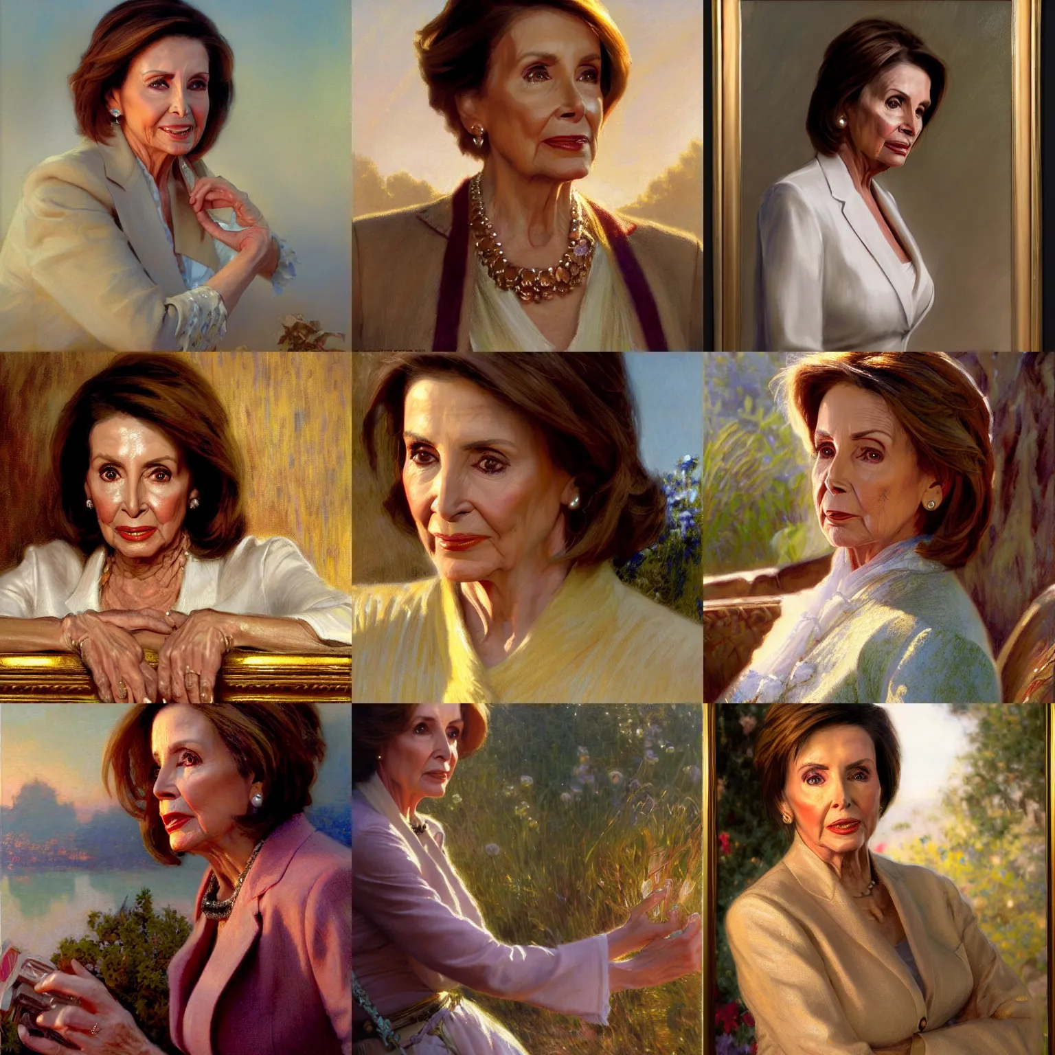 Prompt: detailed realistic cinematic shot of nancy pelosi, sharp focus, ultra realistic, spring light, painting by gaston bussiere, craig mullins, j. c. leyendecker