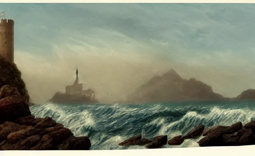 Image similar to view of the ocean, large waves, boats in the distance, small castle in the distance, close up shot, rocky, at dusk, distant mountains, 4k, rule of thirds, extreme detail, hazy, intricate ink illustration, surreal, surrealist, trending on artstation, cgsociety, hd, calm, complimentary colours, realistic lighting, by Albert Bierstadt, Frederic Edwin Church.