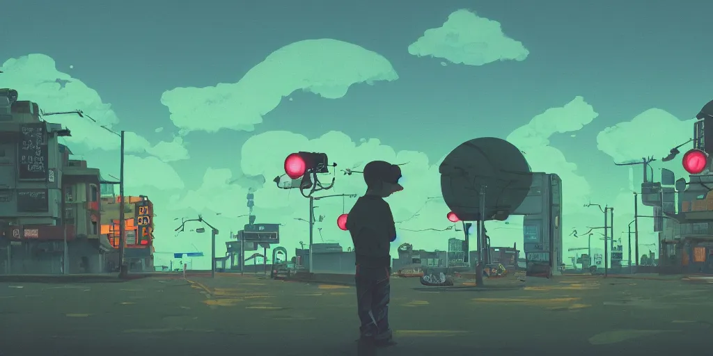 Prompt: Portrait using the Rule of Thirds, focusing on a frog, Portrait, Very Cloudy Sky, Sun, Neon Lights, Rule of Thirds, perspective, Retrofuturism, Studio Ghibli, Simon Stålenhag