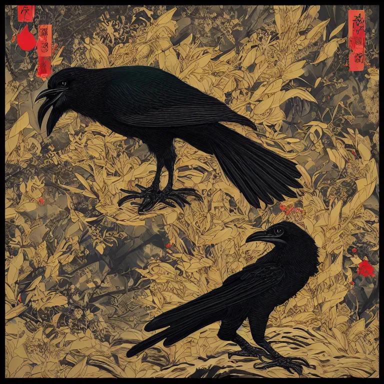 Prompt: black raven bird, james jean style, utagawa kunisada style, vfx art, unreal engine render, claymation style, colourful, volumetric light, digital painting, digital illustration, dramatic light,