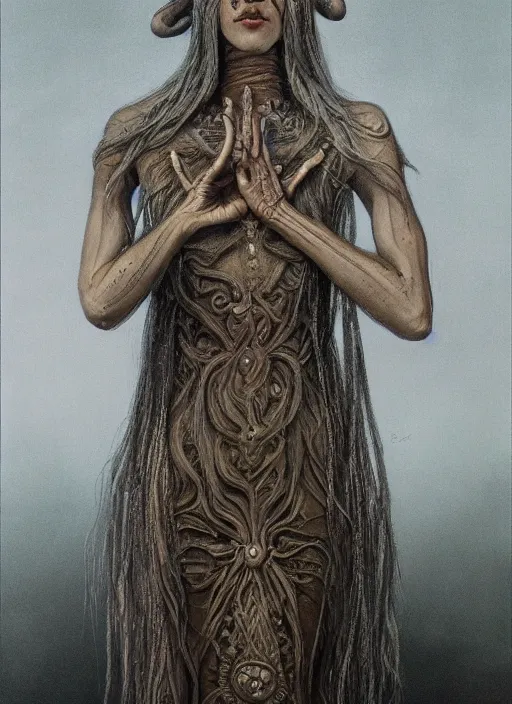 Image similar to full body portrait of marzanna slavic goddess with six arms in slavic clothes : concept art zdzisław beksinski, full body!! contour light effect!! hd, 4 k, ultra clear detailed : dark color gamma