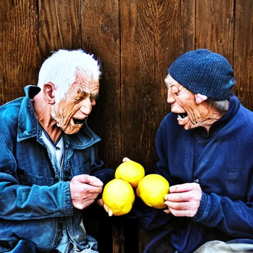 Image similar to old men eating lemon very detailed photo award winning